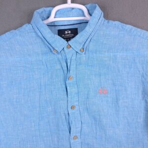 La Martina Buenos Aires Mens XL Light Blue Linen Short Sleeve Button Down Shirt